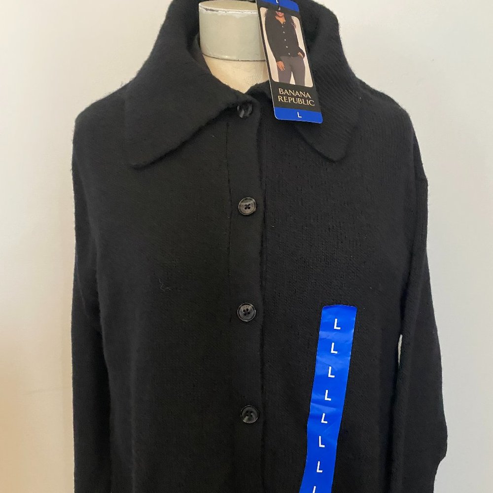 NWT BANANA REPUBLIC BLACK CARDIGAN W COLLAR BUTTON FRONT sz L